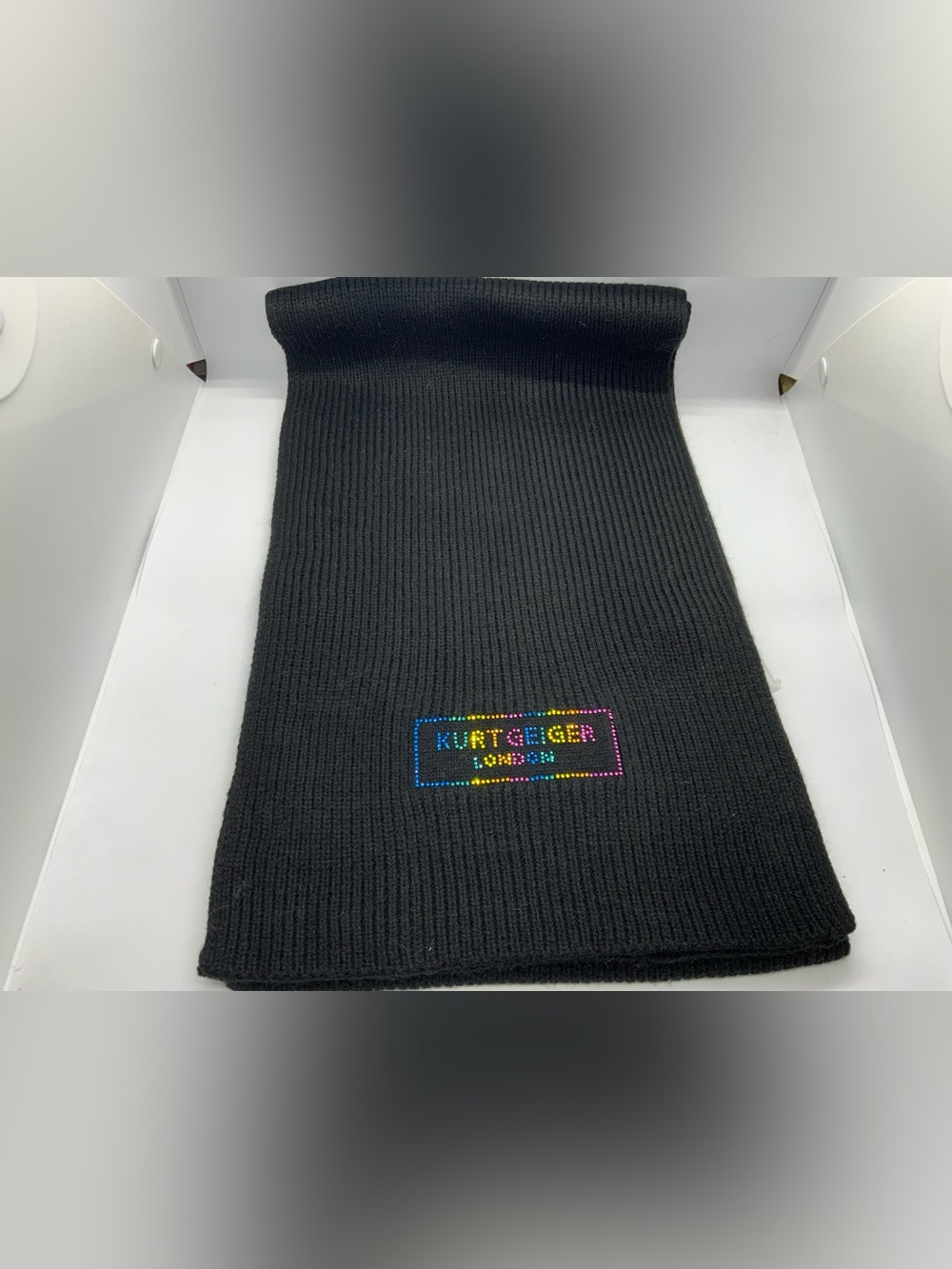 Kurt Geiger Black Knit Scarf with Rainbow Logo